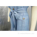 Nouvelle robe denim en V-colmes douces en V-Neck